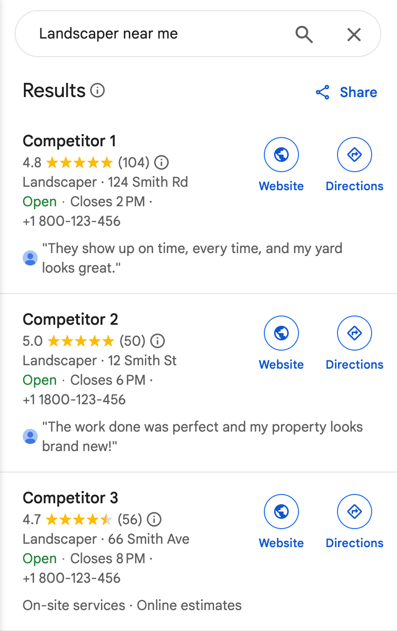Google search results showing landscaping services