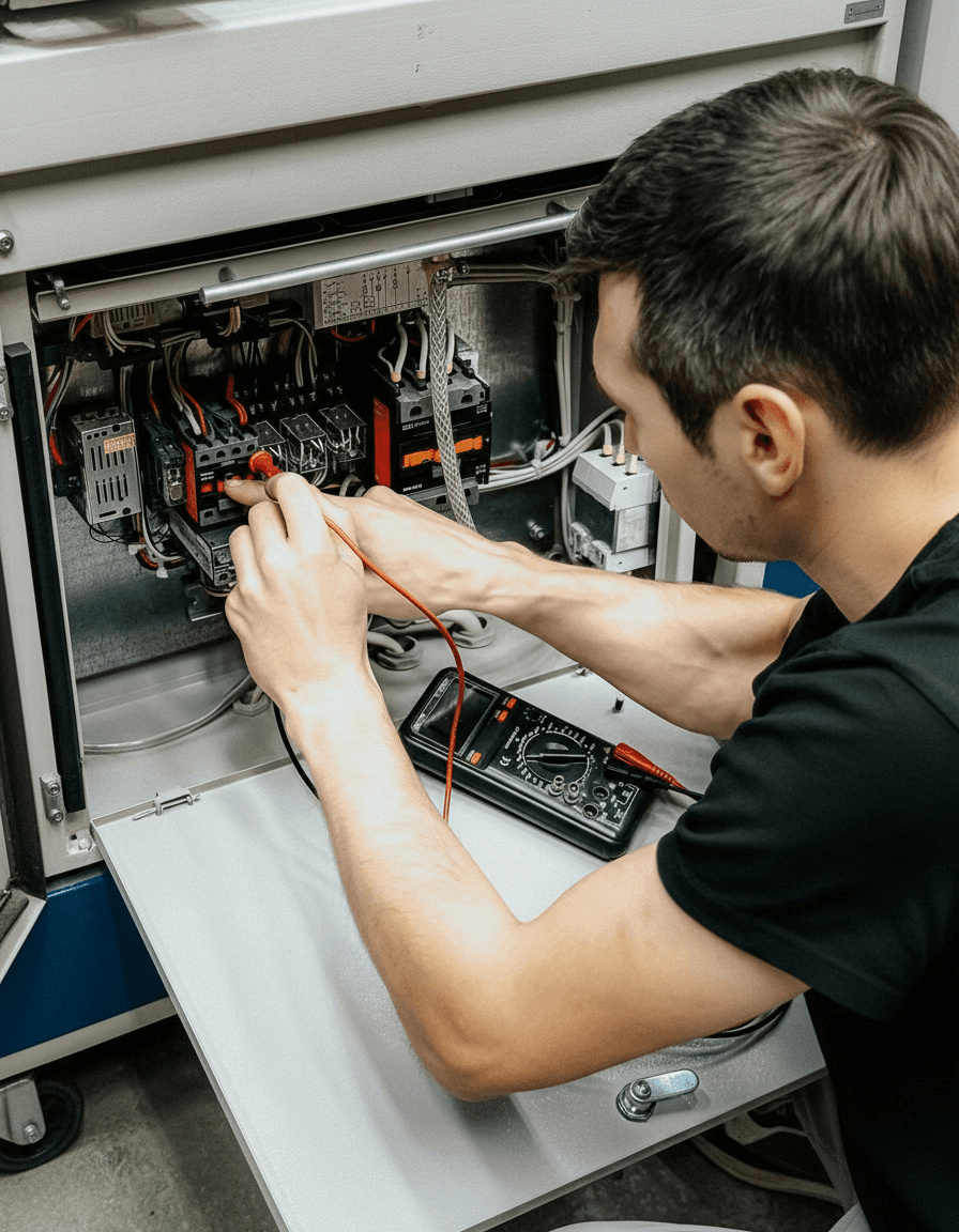 Electrician working on electrical panel with multimeter